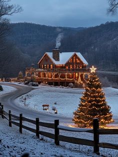 a christmas tree is lit up in front of a large log house with lights on it