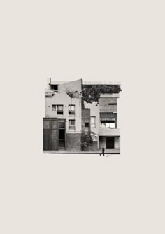 a black and white photo of an apartment building with trees growing out of the windows