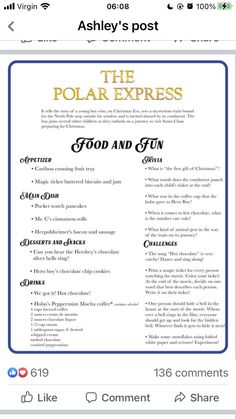 the polar express menu is shown on an iphone screen, and it appears to be filled with information