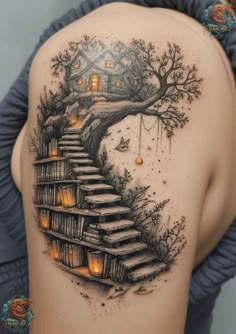 a woman's back with stairs leading up to a tree that has lights on it