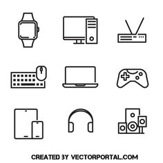 different types of electronic devices are shown in this black and white icon set, with the text