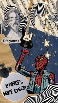 a collage of music related items including a guitar, spider - man and other things