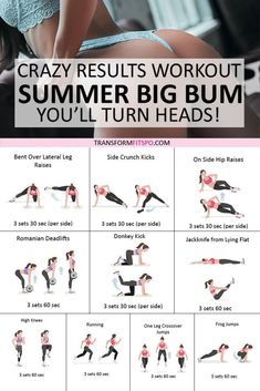 a woman doing yoga poses with the text crazy results workout for summer big bums you'll turn heads