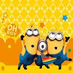 two minion characters hugging each other in front of a yellow background