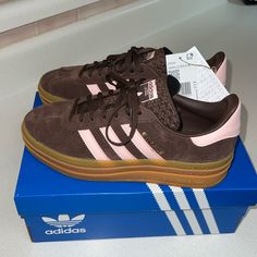 Size 8, Brand New In Box, Rare Color. Adidas Shoes Women Trendy, Pink And Brown Adidas, Adidas Gazelle Brown, Gazelle Bold Outfit, Shoes Wishlist, Manifest Board, Adidas Brown, Icy Pink, Adidas Gazelle Bold