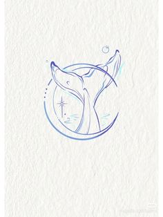 a drawing of a whale's head in blue ink on white paper with water droplets