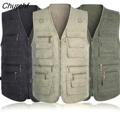 three men's vests with pockets and zippers on the front, two in different colors