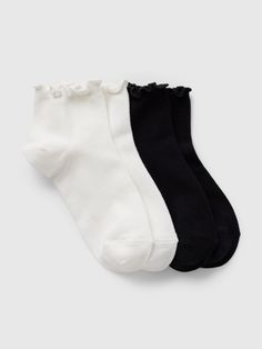 Soft, stretch ankle socks.  Ribbed, ruffled top.  Reinforced toe and heel.  This sock is made with 20% recycled polyester.  Compared to virgin materials, using recycled materials helps to reduce resource use and waste.  This product was made in a factory that invests in gender equality and women’s empowerment.  Through RISE Reimagining Industry to Support Equality) and Gap Inc. ’s program P. A. C. E.  Personal Advancement & Career Enhancement), we support people who make our clothes to build the Teen Ankle Socks, Winter Necessities, Romanticizing School, Ruffled Socks, Christmas Idea, Cute Pants, Brand Collaboration, Ruffled Top, Gender Equality