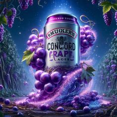 a can of purple grapes is surrounded by leaves