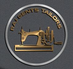 a sewing machine with the words la gents tailors in gold and silver on a black background