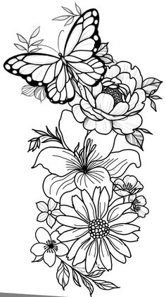 a black and white drawing of flowers with butterflies