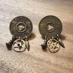 Handmade Luxury Tax Token Steampunk Stud Earrings - Made from vintage brass luxury tax tokens - Dimensions: 1.5" length - Post back Please see all photos for condition details. Jewelry Earrings Studs, Vintage Brass, Etsy Earrings, Jewelry Earrings, Stud Earrings, Brass, Etsy Uk