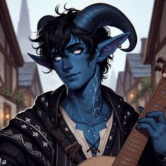 a man with blue makeup and horns holding a guitar