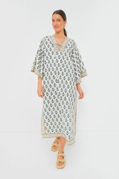 Dainty Hydrangea Alani Caftan Bohemian Summer Kaftan For Brunch, Summer Kaftan For Brunch, Casual Kaftan For Brunch, Summer Beachwear Kaftan For Brunch, Bohemian Cotton Beach Dress For Brunch, Bohemian Printed Kaftan For Daywear, Flowy Sleeves, Cocktail Attire, Ikat Print