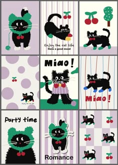 a series of pictures with cats in different colors and designs on them, including the words miao