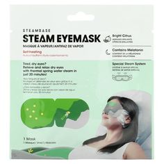 Self-Heating Contains Melatonin Special Steam System Tired, Dry Eyes? Relieves and relaxes dry eyes with thermal spring water steam in just 20 minutes! Mineral rich thermal water soothes and relaxes tired eyes. Goggle design fits securely and comfortable around the eyes. Patented technology releases and maintains 40C (104F) moist heat up to 20 minutes. Size: 5.45. Thermal Spring Water, Dry Eyes Relief, Thermal Water, Moist Heat, Skin Care Masks, Thermal Spring, Tired Eyes, Cosmetic Skin Care, Spring Water