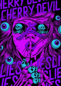 a poster with skulls and eyeballs on the front, in blue and purple colors