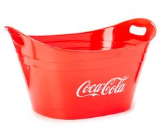 a red coca - cola bucket with the word's logo in white on it