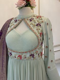 IMG_5915 Sea Green Anarkali, Rakshabandhan Outfit, Purple Work, Green Anarkali, Chic Prom Dresses, Bandhani Dupatta, Pink Anarkali, Designer Anarkali Dresses