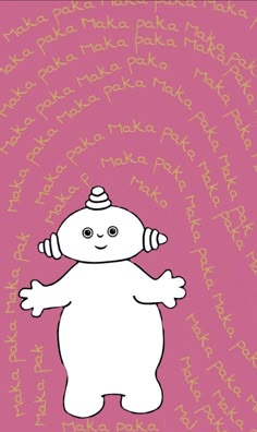 a pink background with an image of a cartoon character in white on the bottom right corner