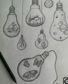 pencil drawing of light bulbs with different types of things inside them and butterflies in the air