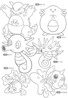 the pokemon coloring book is shown in black and white, with many different types of cartoon characters