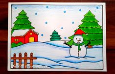 a drawing of a snowman with trees in the background