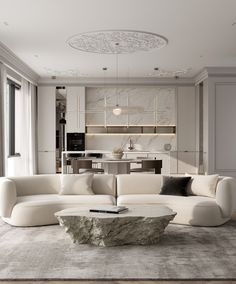 a living room filled with white furniture next to a window covered in curtains and windows