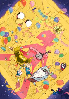 cartoon characters are surrounded by balloons and confetti in the background is a large yellow moon