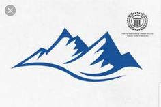 the mountain logo is blue and white with mountains in the background, as well as an emblem