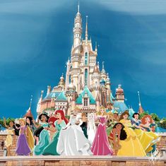 there are many princesses standing in front of the castle