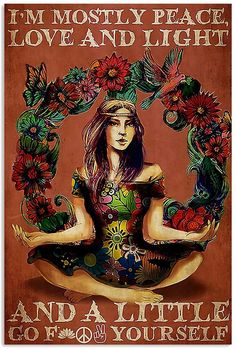 a woman sitting in the middle of a lotus pose with flowers on her head and arms