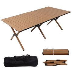 an outdoor table with two folding chairs and a carrying bag next to it on a white background