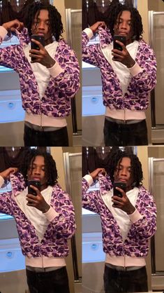 a woman taking a selfie with her cell phone in four different pictures, each showing the same person's face