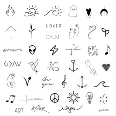 various hand drawn symbols on a white background with the words love and calm written in black ink