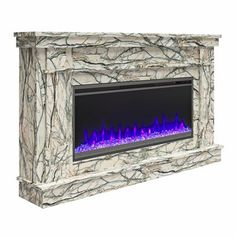 an electric fireplace with blue flames and rocks on the sides, against a white background