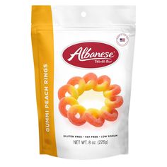 a bag of gummy peach rings on a white background