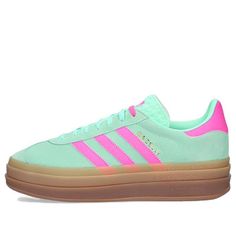 Colorful Platform Shoes, Preppy Adidas Shoes, Gazzeleadidas Shoes, Pink And Green Adidas, Preppy Tennis Shoes, Cute Running Shoes, Stripes Branding, Adidas Gazelle Bold