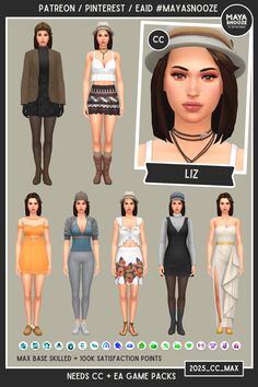 the female character is wearing different clothes and accessories for each person's body type