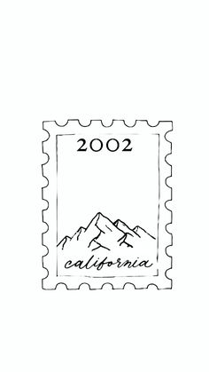 a stamp with the word california written on it and mountains in the background, drawn by hand