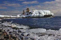 an ice covered shore line with trees and water in the background on a cloudy day