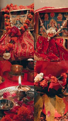 an assortment of items are displayed on a table with red cloths and other decorations