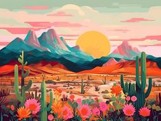 a desert scene with cactus, mountains and flowers in the foreground as the sun sets