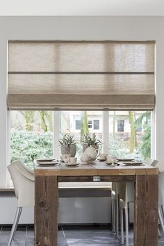 a dining room table with chairs and plants on it