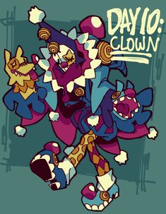 an image of some cartoon characters in the style of day 10 clowns on a skateboard