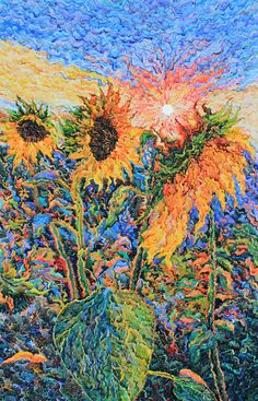 an oil painting of sunflowers in a field with the sun setting behind them