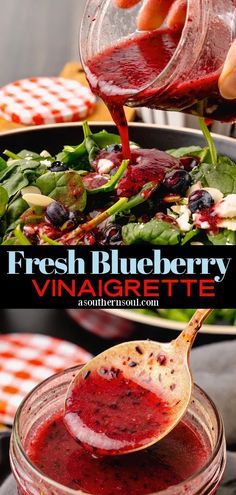 fresh blueberry vinaigrette is being poured into a jar