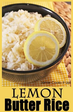 lemon butter rice in a black bowl on a yellow and white checkered tablecloth