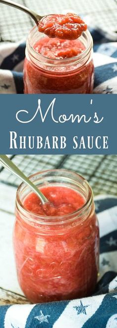 a jar filled with red sauce sitting on top of a blue and white table cloth