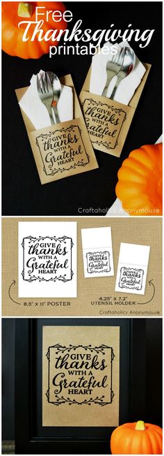 the thanksgiving printables are on display in front of pumpkins